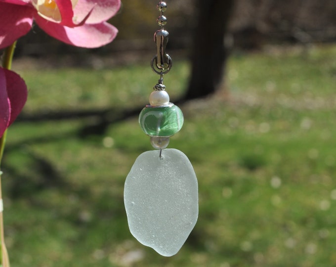 Decorative Fan Pull, Genuine Sea Glass, Ceiling Light Pull, Sun Catcher, Frosty Light Seafoam Drop 588, Lamp Pull, Beaded Pull, Coastal Gift