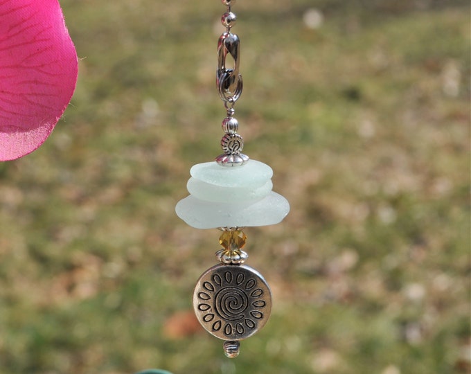 Ceiling Fan Pulls, Genuine Sea Glass, Light Pulls, Decorative Suncatcher, Frosty Seafoam Mix Stack 532, Beaded Pull, Unique Beach Gifts