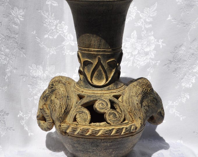 Large Vintage Thai Earthenware Ceramic Vase 13.5" Tall Sculptured Elephants Free Ship