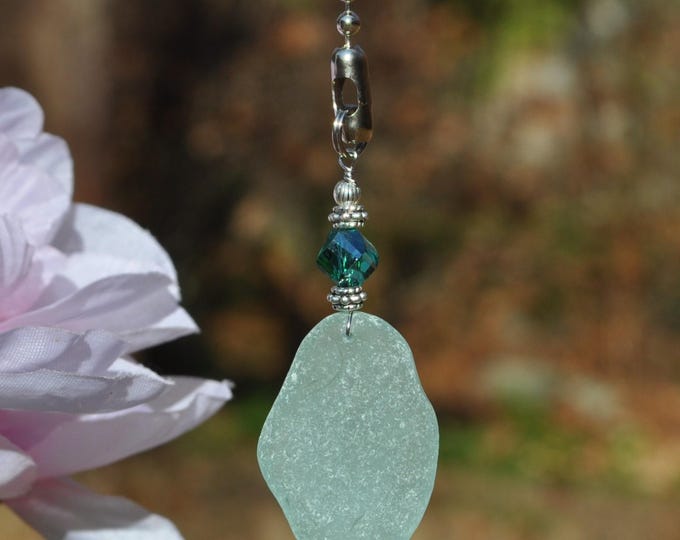 Decorative Fan Pull, Genuine Blue Sea Glass, Ceiling Light Pull, Sun Catcher, Frosty Drop 816, Lamp Pull, Beaded Pull, Beach Lover Gifts