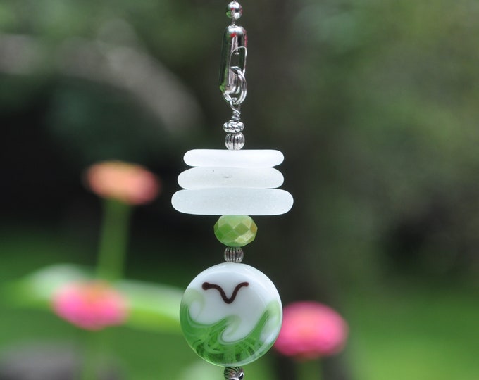 Beach Light Pull, Genuine Sea Glass, Ceiling Fan Pull, Light Pull, Suncatcher, Frosty White Stack 771, Lamp Pull, Beaded Pull, Beach Gift