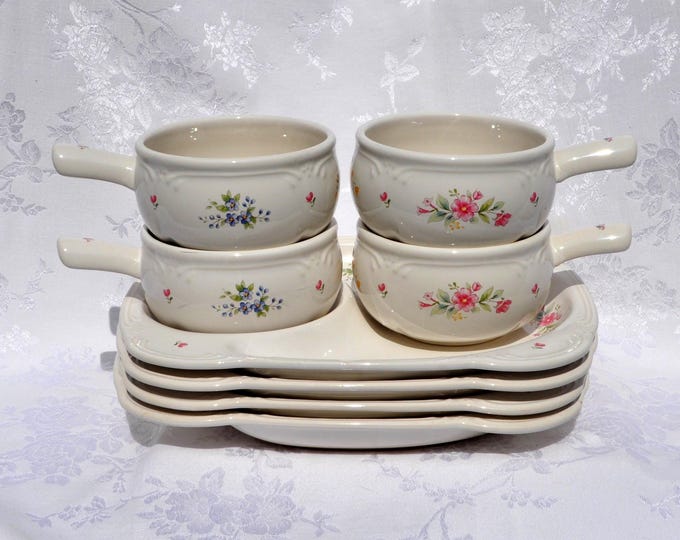 Vintage Pfaltzgraff Stoneware Meadowlane Stacking Trays & Soup Crocks Set/4 Free Ship
