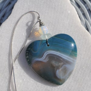 Rock Pendant, Onyx Agate Necklace, Large Teal Striped Heart, Genuine Sea Glass Accent, Faceted Opalite Gemstone, Sterling Chain Incl. B292
