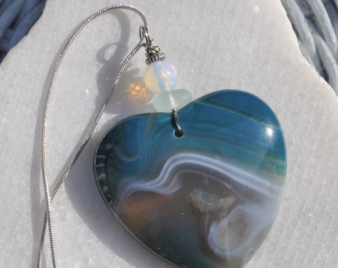 Rock Pendant, Onyx Agate Necklace, Large Teal Striped Heart, Genuine Sea Glass Accent, Faceted Opalite Gemstone, Sterling Chain Incl. B292