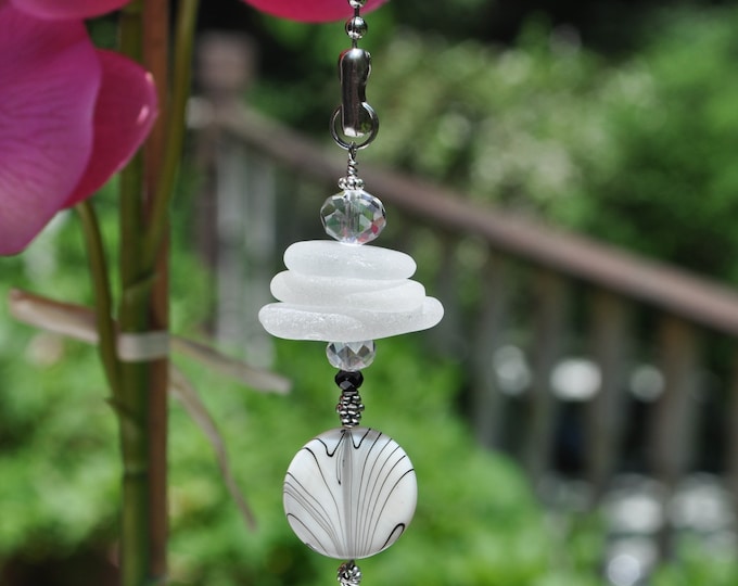 Decorative Light Pull, Genuine Sea Glass, Ceiling Fan Pull, Light Pull, Suncatcher, Frosty White Stack 735, Lamp Pull, Beach Lover Gifts