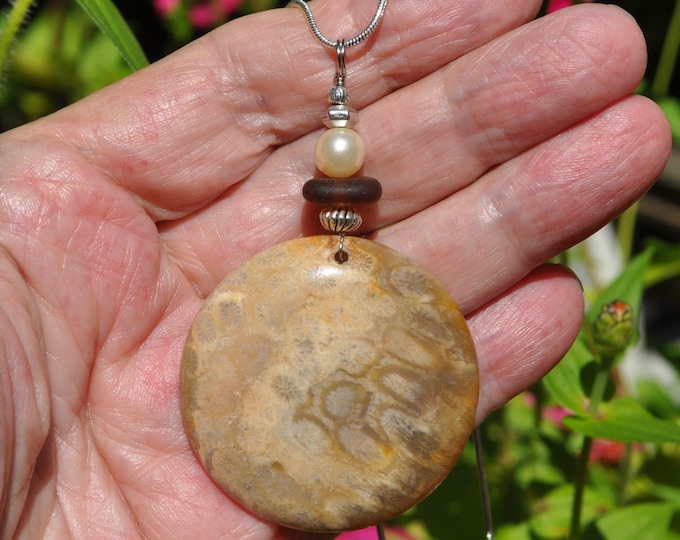 Dream Fire Agate Necklace Pendant, Large Beige Round, Genuine Sea Glass Accent, Pearl Bead, Sterling Chain Included B132
