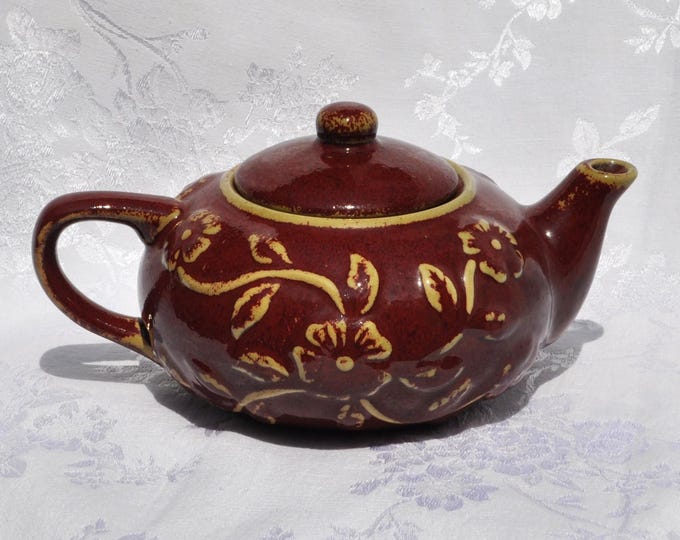Vintage Marcaux Floral Ceramic Stoneware Teapot Rich Earthen Tones Free Ship