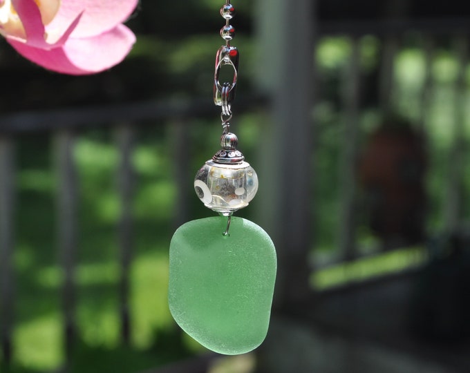 Genuine Sea Glass, Ceiling Fan Pull, Light Pull, Suncatcher, Frosty Green Drop 430, Lamp Pull, Unique Gift, Beaded Pull, Beach Fan Pull