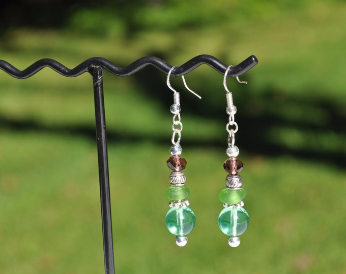 Sea Beach Glass Earrings Beautiful Greens with Crystals &  Beads Sterling Silver Genuine Sea Glass Gemstone Earrings Free Shipping 2900