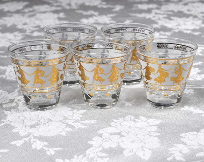 Aldon Gold Leaf Dancers Whisky Lowball 2.75" Glasses Tapered Set/5 Vintage Free Ship