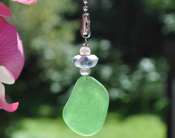 Genuine Sea Glass, Ceiling Fan Pull, Light Pull, Suncatcher, Frosty Green Drop 458, Lamp Pull, Unique Gift, Beaded Pull, Beach Lover Gifts