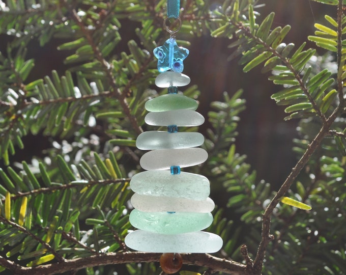 Sea Glass Christmas Tree Ornament, Delightful Stocking Stuffer, Unique Gift, Holiday Package Decor, Genuine Seafoam Mix and Blue Star