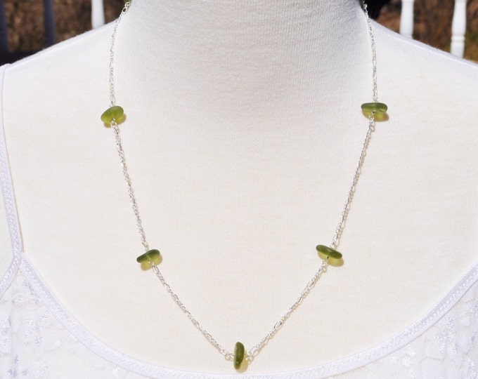 Sea Glass Jewelry Beach Eternity Necklace in Olive Greens 20 Inch 6887