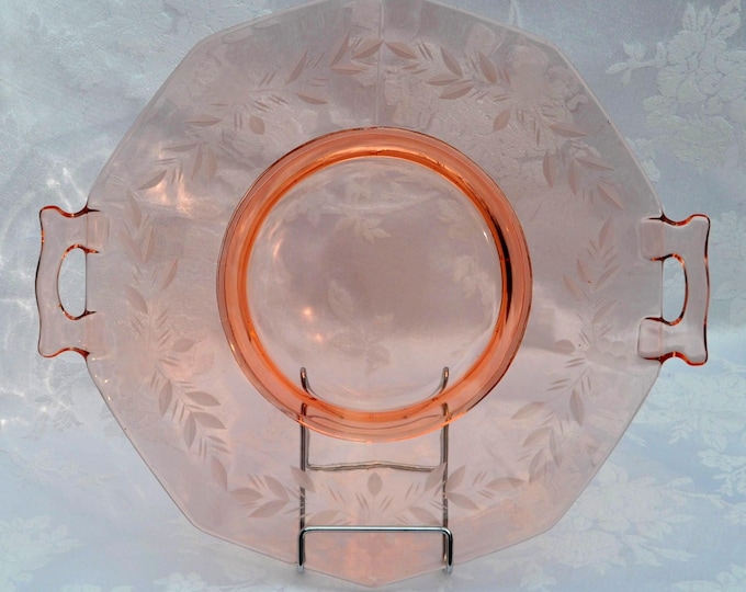 Vintage Pink Depression Etched Platter Indiana Glass Handles 12x10" Free Ship