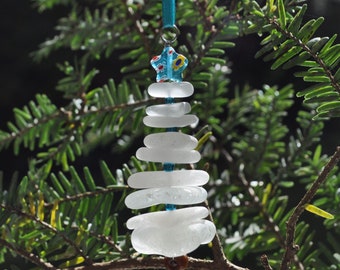 Sea Glass Christmas Tree Ornament, Delightful Stocking Stuffer, Unique Gift, Holiday Package Decor, Genuine White Sea Glass and Aqua Star