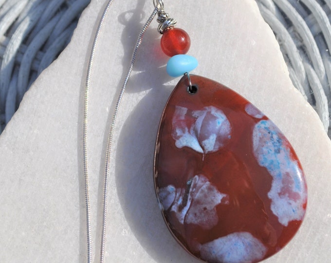 Dream Fire Agate Pendant Necklace, Large Rose and Blue Teardrop, Genuine Sea Glass Accent, Carnelian Gemstone, Sterling Chain Included B182