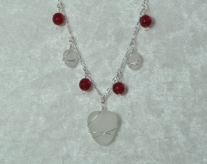 Sea Glass Jewelry White Beach Necklace Princess with Faceted Ruby Beads Free Shipping 3302