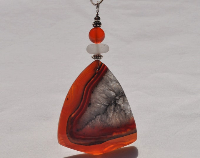 Stone Necklace, Onyx Geode Agate Pendant, Large Striped Triangular, Genuine Sea Glass Accent, Orange Jade Gemstone, Sterling Chain Incl B268