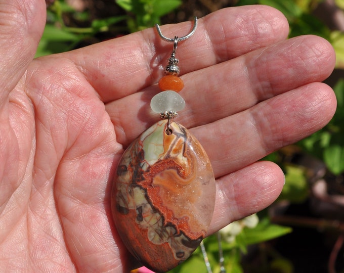 Stone Necklace, Geode Onyx Agate Pendant, Brown Natural Marquise, Genuine Sea Glass Accent, Orange Jade Gemstone, Sterling Chain Incl B180