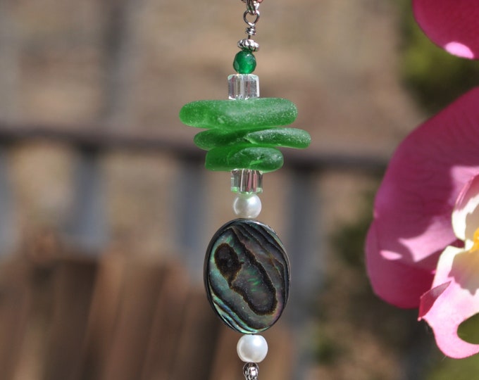 Decorative Lighting Pull, Genuine Sea Glass, Ceiling Fan Pull, Light Pull, Suncatcher, Frosty Green Stack 422, Unique Beach Gifts, Lamp Pull