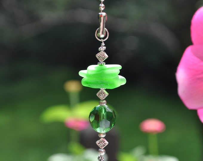 Decorative Fan Pull, Genuine Sea Glass, Ceiling Fan Pull, Light Pull, Suncatcher, Frosty Green Stack 404, Coastal Gifts, Lamp Pull, Beaded