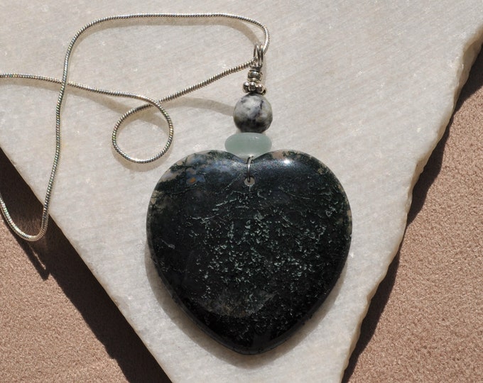 Green Moss Agate Pendant Necklace, Large Heart Shaped, Genuine Sea Glass Accent, Faceted Jasper Gemstone, Sterling Chain Included B368