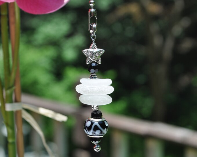 Lamp Chain Pull, Genuine Sea Glass, Ceiling Fan Pull, Light Pull, Suncatcher, Frosty White Stack 748, Lamp Pull, Beach Gifts, Beaded Pull