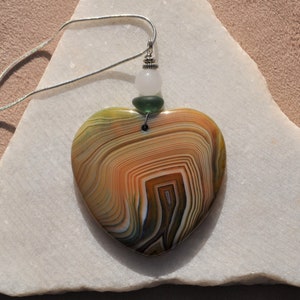 Stone Pendant, Onyx Agate Necklace, Large Green Striped Stone Heart, Genuine Sea Glass Accent, Jade Gemstone, Sterling Chain Included B316