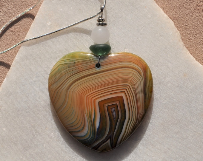 Stone Pendant, Onyx Agate Necklace, Large Green Striped Stone Heart, Genuine Sea Glass Accent, Jade Gemstone, Sterling Chain Included B316