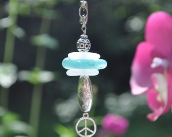 Ceiling Fan Pull, Genuine Sea Glass, Light Pull, Decorative Suncatcher, Blue and White Mix Stack 817, Peace Sign Pull, Unique Beach Gifts