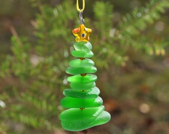 Sea Glass Christmas Tree Ornament, Delightful Stocking Stuffer, Unique Gift, Holiday Package Decor, Genuine Green with Yellow Star