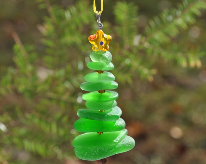 Sea Glass Christmas Tree Ornament, Delightful Stocking Stuffer, Unique Gift, Holiday Package Decor, Genuine Green with Yellow Star