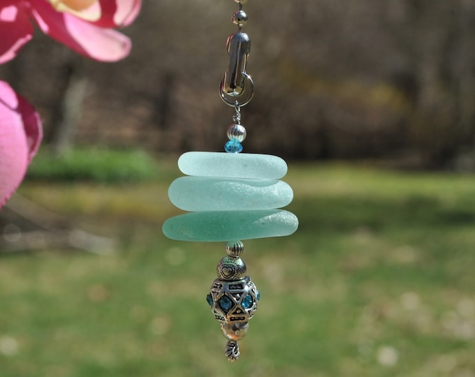 Ceiling Fan Pull, Genuine Sea Glass, Light Pull, Decorative Suncatcher, Frosty Blue Varied Mix Stack 822, Beaded Pull, Unique Beach Gifts