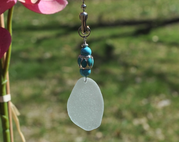 Decorative Fan Pull, Genuine Sea Glass, Ceiling Light Pull, Sun Catcher, Frosty Light Seafoam Drop 590, Lamp Pull, Beaded Pull, Beach Gifts