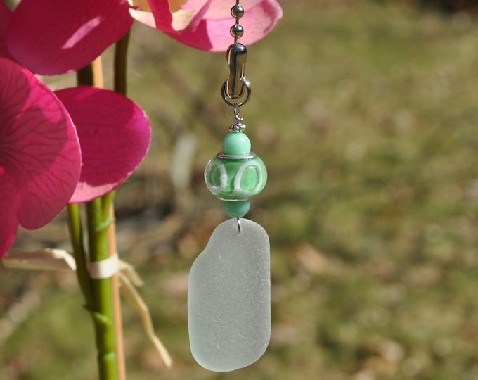 Decorative Fan Pull, Genuine Sea Glass, Ceiling Light Pull, Sun Catcher, Frosty Light Seafoam Drop 561, Lamp Pull, Beaded Pull, Beach Gifts