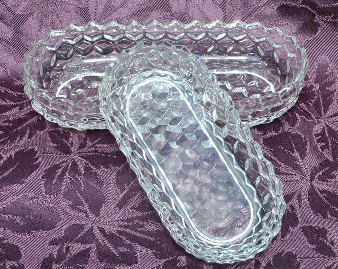 Clear Cubist Oval Side Dishes - Fostoria American 10"x4 7/8" & 8"x4" Vintage Free Ship