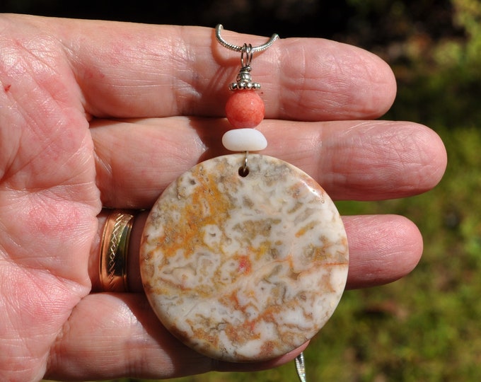 Stone Pendant, Lace Agate Necklace, Large Round Rock, Genuine Sea Glass Accent, Faceted Rhodochrosite Gemstone, Sterling Chain Included B200