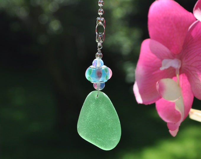 Genuine Sea Glass, Ceiling Fan Pull, Light Pull, Suncatcher, Frosty Green Drop 419, Beach Fan Pull, Lamp Pull, Unique Gift, Beaded Pull 