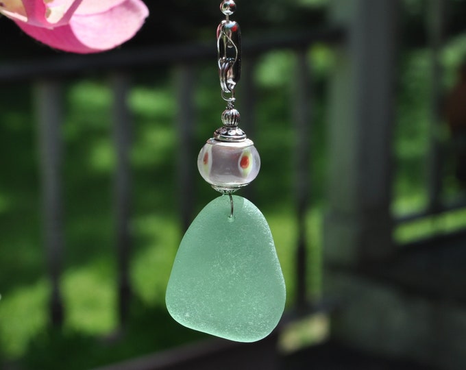 Ceiling Fan Pull, Genuine Sea Glass, Light Pull, Suncatcher, Frosty Green Drop 444, Lamp Pull, Unique Gift, Beaded Pull, Beach Lover Gifts
