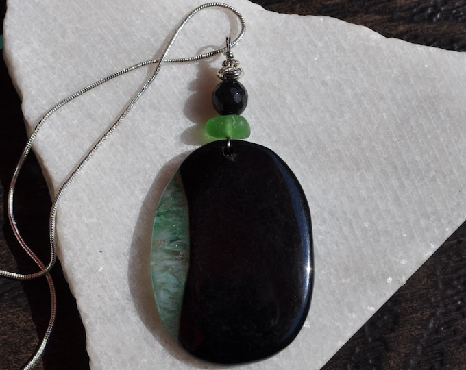 Stone Necklace, Geode Agate Pendant, Large Black Onyx, Genuine Sea Glass Accent, Faceted Black Onyx Gemstone,  Sterling Chain Included B198