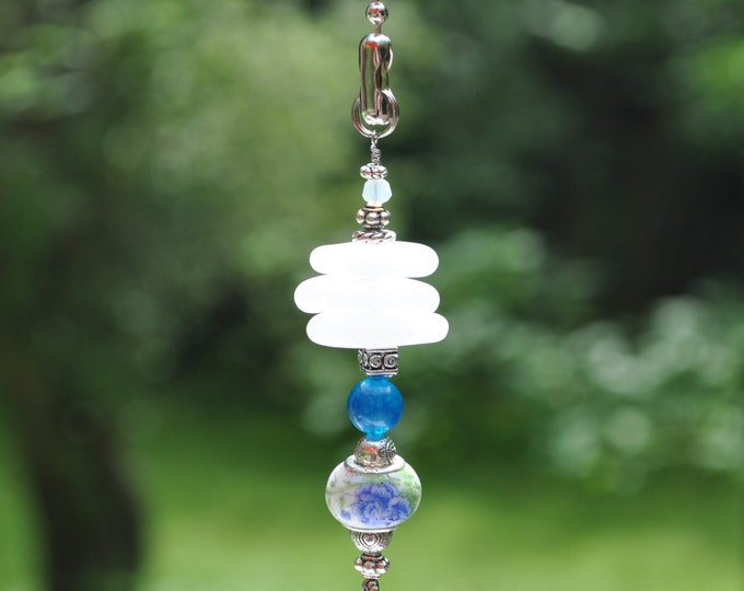 Genuine Sea Glass, Ceiling Fan Pull, Light Pull, Suncatcher, Frosty White Stack 732, Coastal Gifts, Lamp Pull, Beaded Pull, Beach Gifts