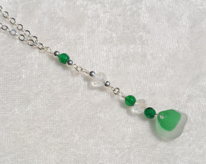 Genuine Sea Glass Jewelry Beach Necklace Shorty Drop w/ Crystals Sterling Silver Beads Sterling Chain Emerald Gemstones Free Shipping 8732