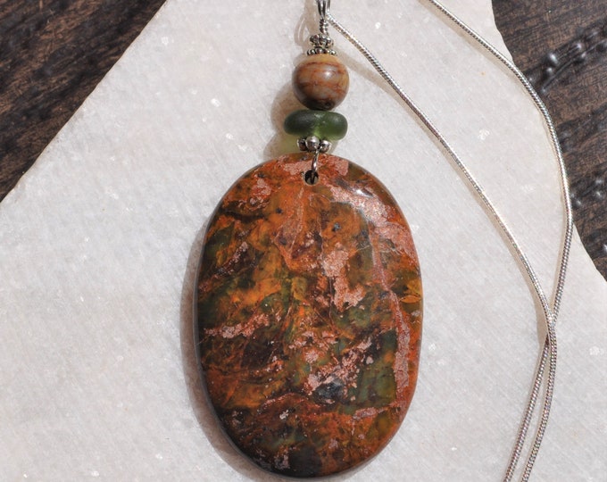 Rainforest Jasper Pendant Necklace, Large Natural Brown Oval, Genuine Sea Glass Accent, Jasper Gemstone, Sterling Chain Included B2