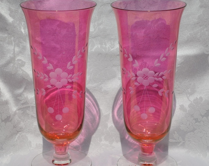 Vintage Hurricane Vases Flash Glass Cranberry Pink/Orange Etched 11" Pair  Free Ship