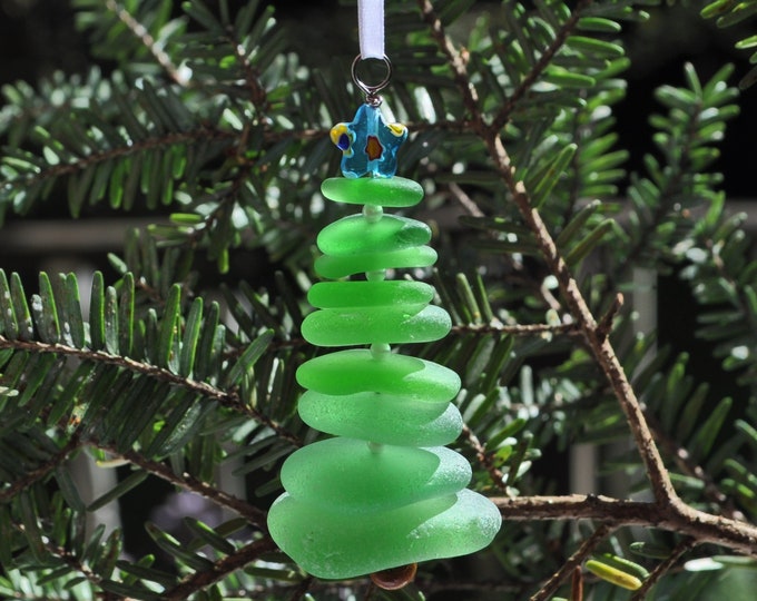 Sea Glass Christmas Tree Ornament, Delightful Stocking Stuffer, Unique Gift, Holiday Package Decor, Genuine Green Sea Glass with Aqua Star
