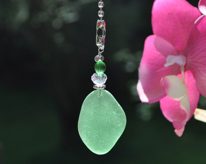 Coastal Fan Pull, Genuine Sea Glass, Ceiling Fan Pull, Light Pull, Suncatcher, Frosty Green Drop 429, Beach Gift, Lamp Pull, Beaded Pull