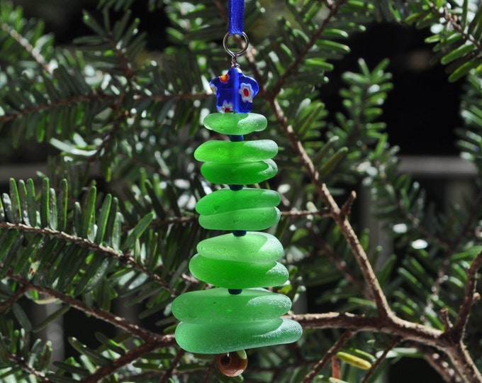 Sea Glass Christmas Tree Ornament, Delightful Stocking Stuffer, Unique Gift, Holiday Package Decor, Genuine Green with Dark Blue Star