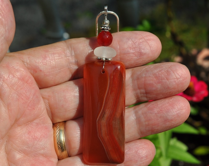 Stone Necklace, Striped Onyx Agate, Bar Pendant, Large Rock, Genuine Sea Glass Accent, Ruby Faceted Gemstone, Sterling Chain Incl. B227