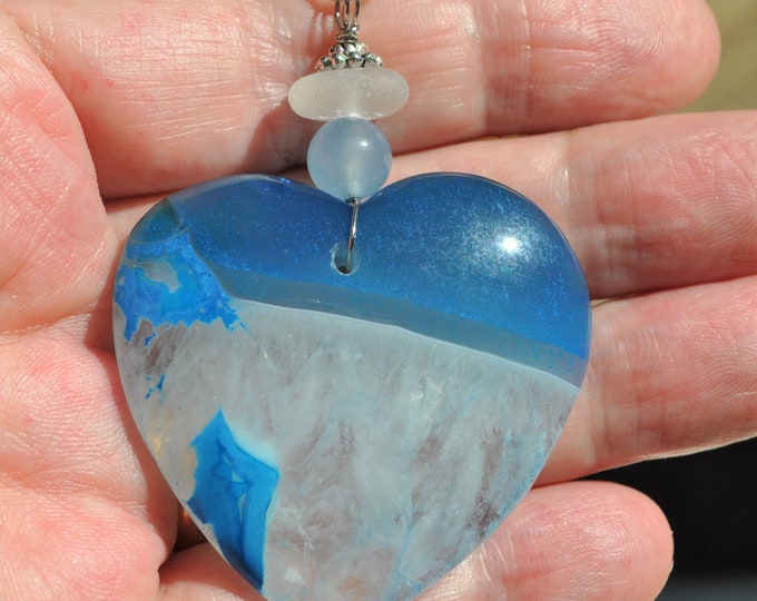 Stone Necklace, Onyx Geode Agate Pendant, Blue and White Heart, Genuine Sea Glass Accent, Aquamarine Gemstone, Sterling Chain Included  B340