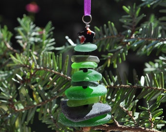 Sea Glass Christmas Tree Ornament, Delightful Stocking Stuffer, Unique Gift, Holiday Package Decor, Genuine Odd Green Mix and Black Star